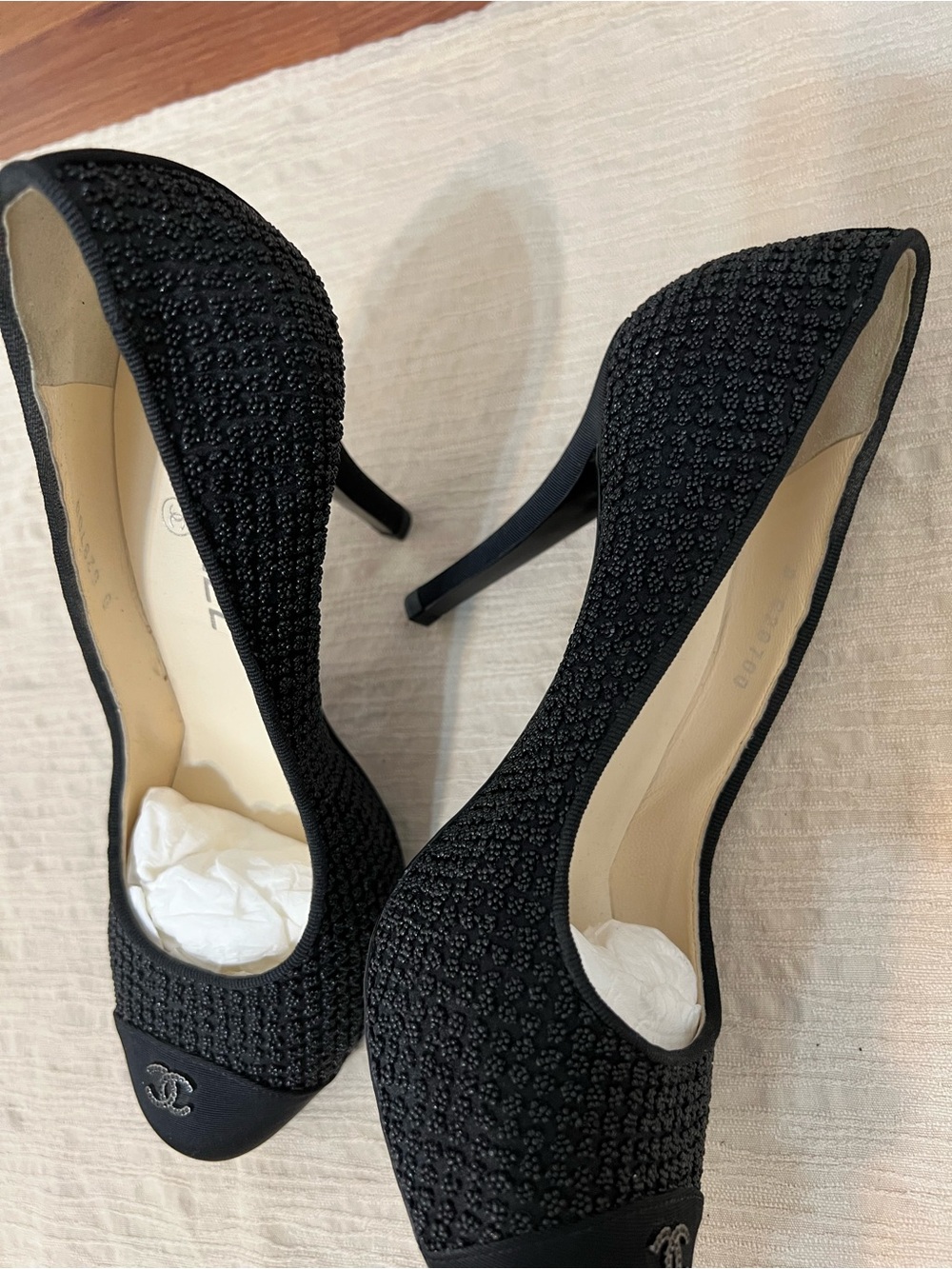 CHANEL Black Embellished Tweed Stiletto Pumps